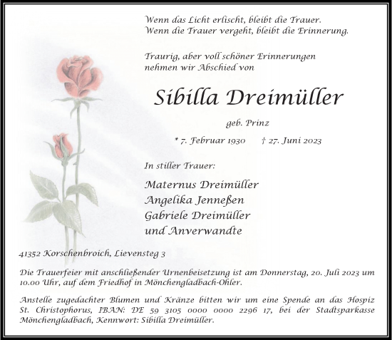 Traueranzeige von Sibilla Dreimüller von trauer.extra-tipp-moenchengladbach.de