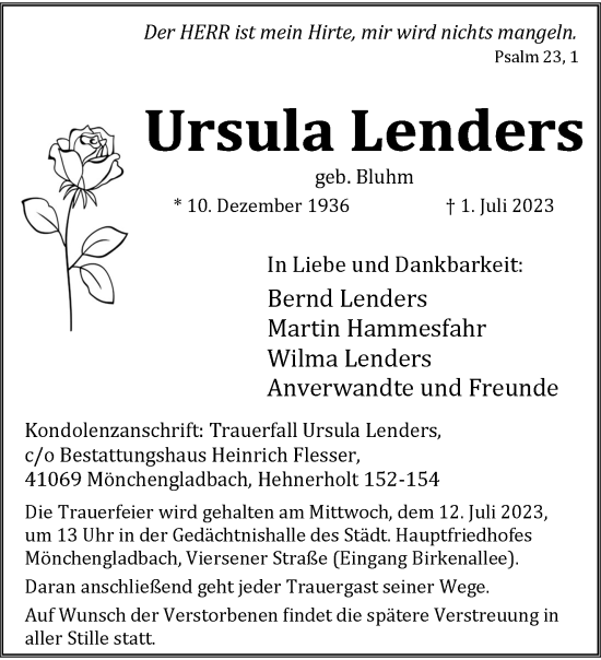 Traueranzeige von Ursula Lenders von trauer.extra-tipp-moenchengladbach.de