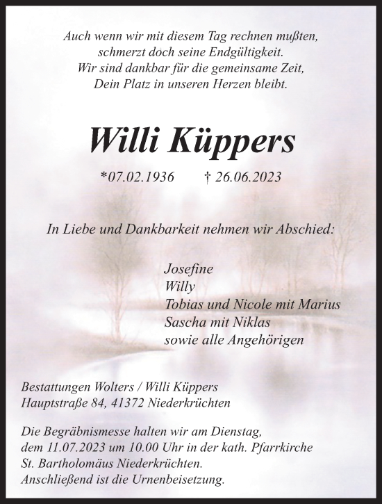 Traueranzeige von Willi Küppers von trauer.extra-tipp-moenchengladbach.de