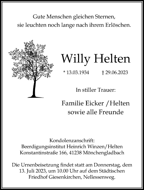 Traueranzeige von Willy Helten von trauer.extra-tipp-moenchengladbach.de