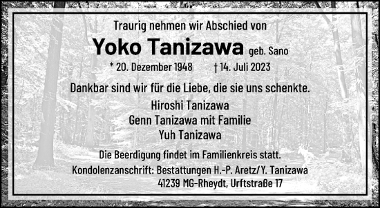 Traueranzeige von Yoko Tanizawa von trauer.extra-tipp-moenchengladbach.de