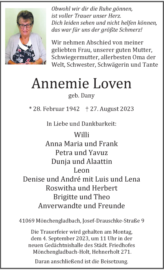 Traueranzeige von Annemie Loven von trauer.extra-tipp-moenchengladbach.de