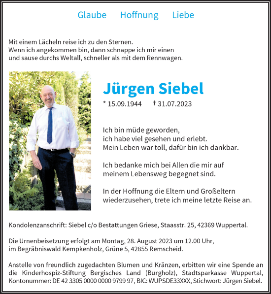 Traueranzeige von BeJürgen Siebel von trauer.wuppertaler-rundschau.de