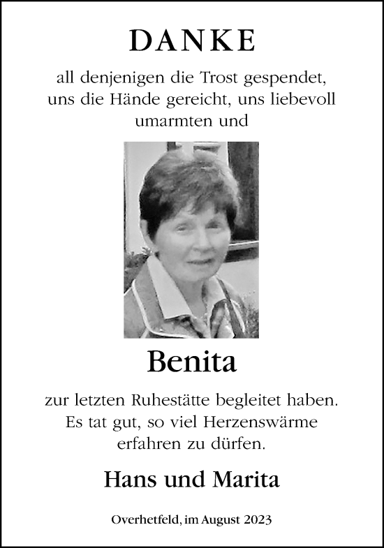 Traueranzeige von Benita  von trauer.extra-tipp-moenchengladbach.de