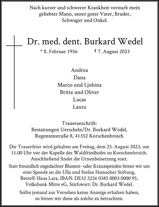 Traueranzeige von Burkard Wedel von trauer.extra-tipp-moenchengladbach.de