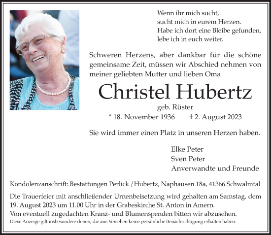 Traueranzeige von Christel Hubertz von trauer.extra-tipp-moenchengladbach.de