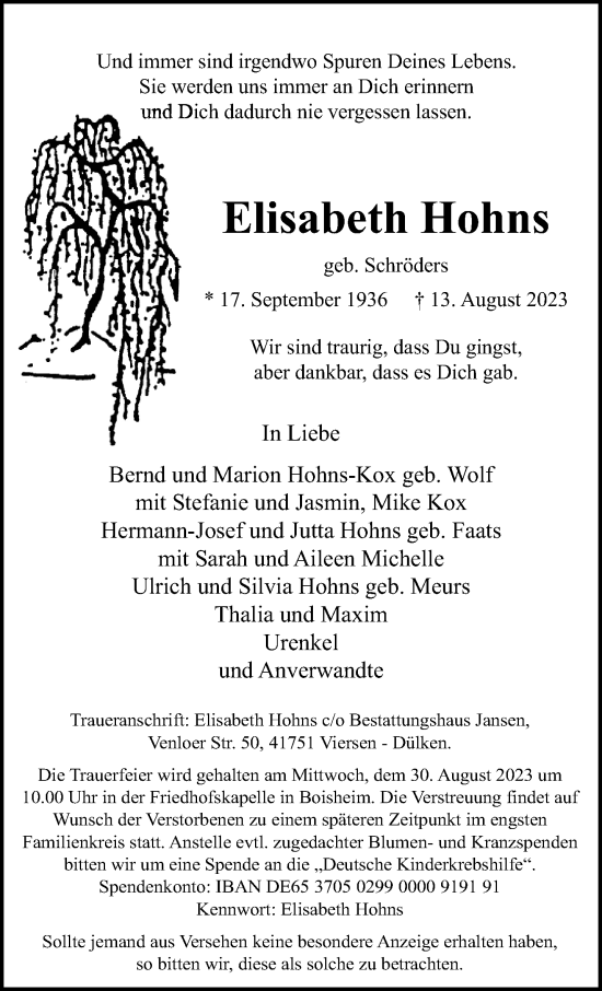 Traueranzeige von Elisabeth Hohns von trauer.extra-tipp-moenchengladbach.de