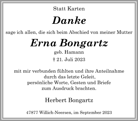 Traueranzeige von Erna Bongartz von trauer.extra-tipp-moenchengladbach.de