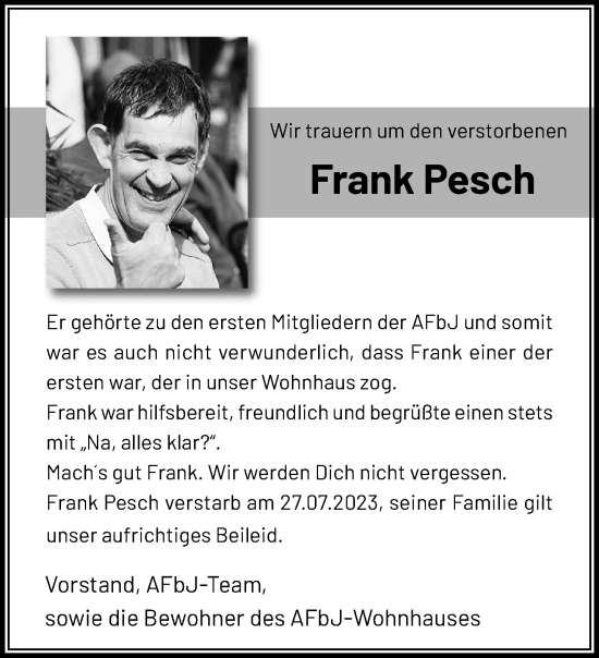 Traueranzeige von Frank Pesch von trauer.extra-tipp-moenchengladbach.de