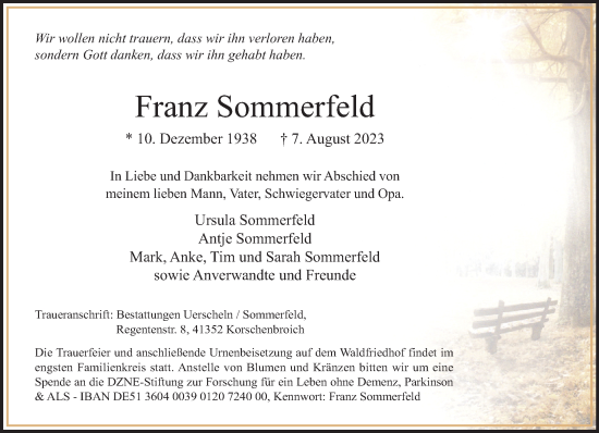 Traueranzeige von Franz Sommerfeld von trauer.extra-tipp-moenchengladbach.de