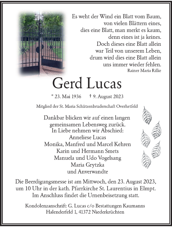 Traueranzeige von Gerd Lucas von trauer.extra-tipp-moenchengladbach.de