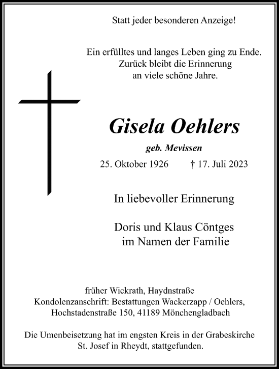 Traueranzeige von Gisela Oehlers von trauer.extra-tipp-moenchengladbach.de