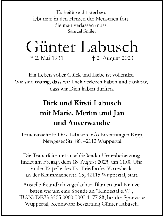 Traueranzeige von Günter Labusch von trauer.wuppertaler-rundschau.de