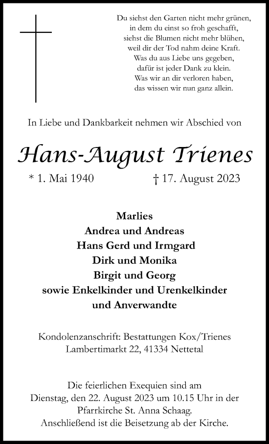 Traueranzeige von Hans-August Trienes von trauer.extra-tipp-moenchengladbach.de