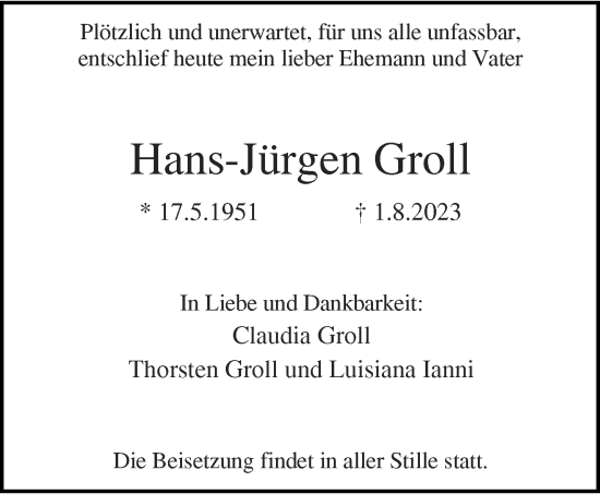 Traueranzeige von Hans-Jürgen Groll von trauer.wuppertaler-rundschau.de
