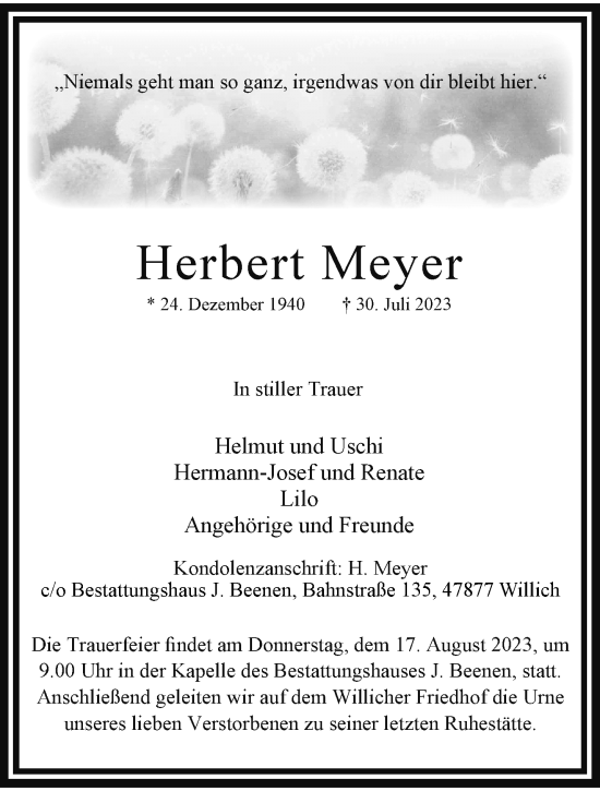 Traueranzeige von Herbert Meyer von trauer.extra-tipp-moenchengladbach.de