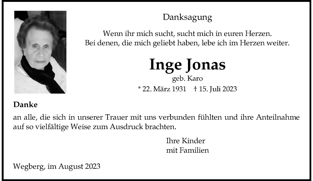  Traueranzeige für Inge Jonas vom 27.08.2023 aus trauer.extra-tipp-moenchengladbach.de