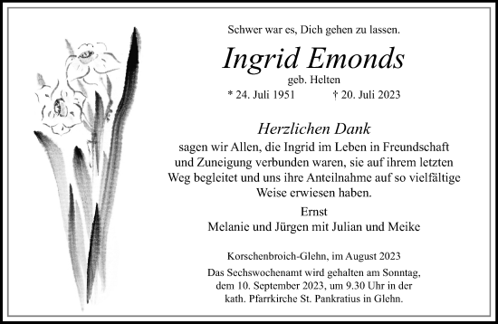 Traueranzeige von Ingrid Emonds von trauer.extra-tipp-moenchengladbach.de