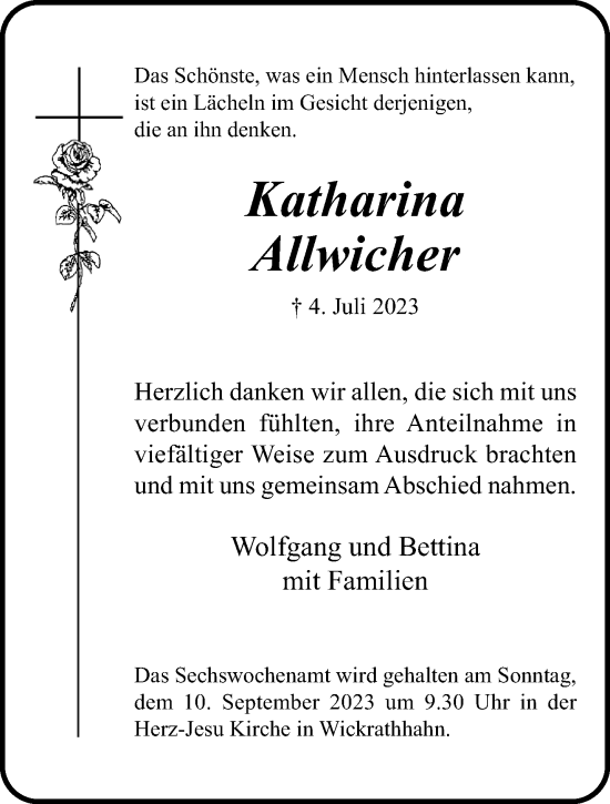 Traueranzeige von Katharina Allwicher von trauer.extra-tipp-moenchengladbach.de