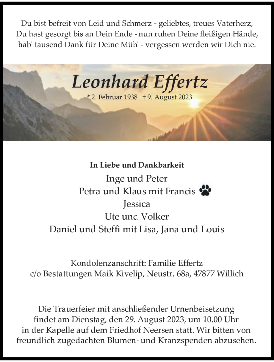 Traueranzeige von Leonhard Effertz von trauer.extra-tipp-moenchengladbach.de