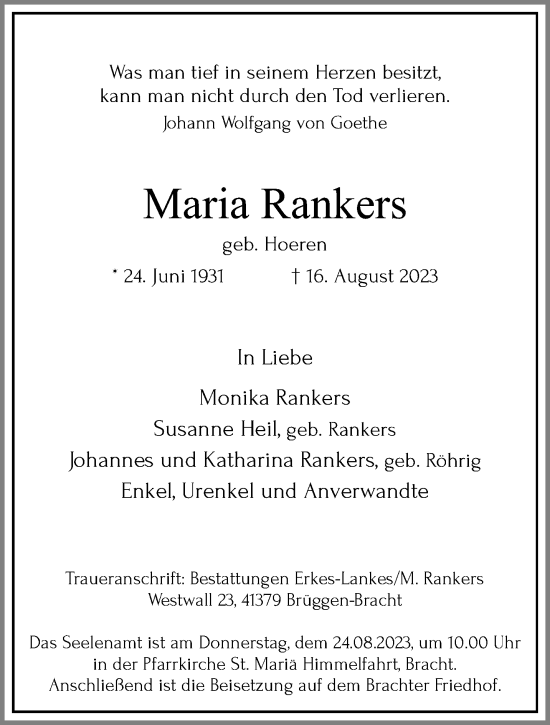 Traueranzeige von Maria Rankers von trauer.extra-tipp-moenchengladbach.de