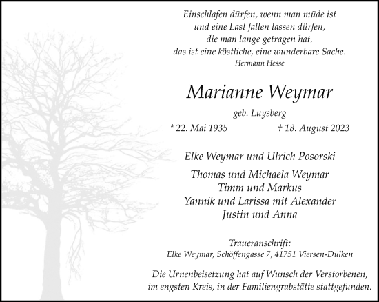 Traueranzeige von Marianne Weymar von trauer.extra-tipp-moenchengladbach.de