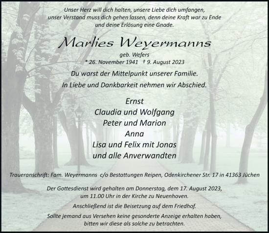 Traueranzeige von Marlies Weyermanns von trauer.extra-tipp-moenchengladbach.de