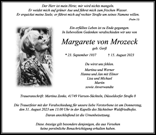 Traueranzeige von MMargarete von Mrozeck von trauer.extra-tipp-moenchengladbach.de