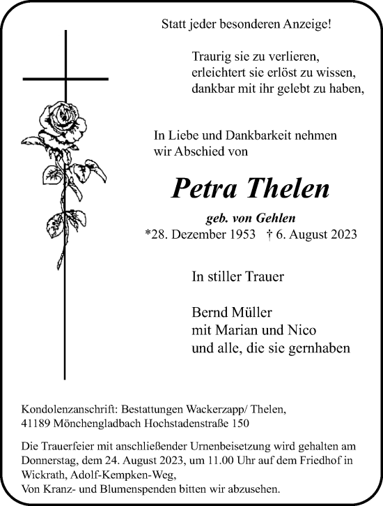 Traueranzeige von Petra Thelen von trauer.extra-tipp-moenchengladbach.de