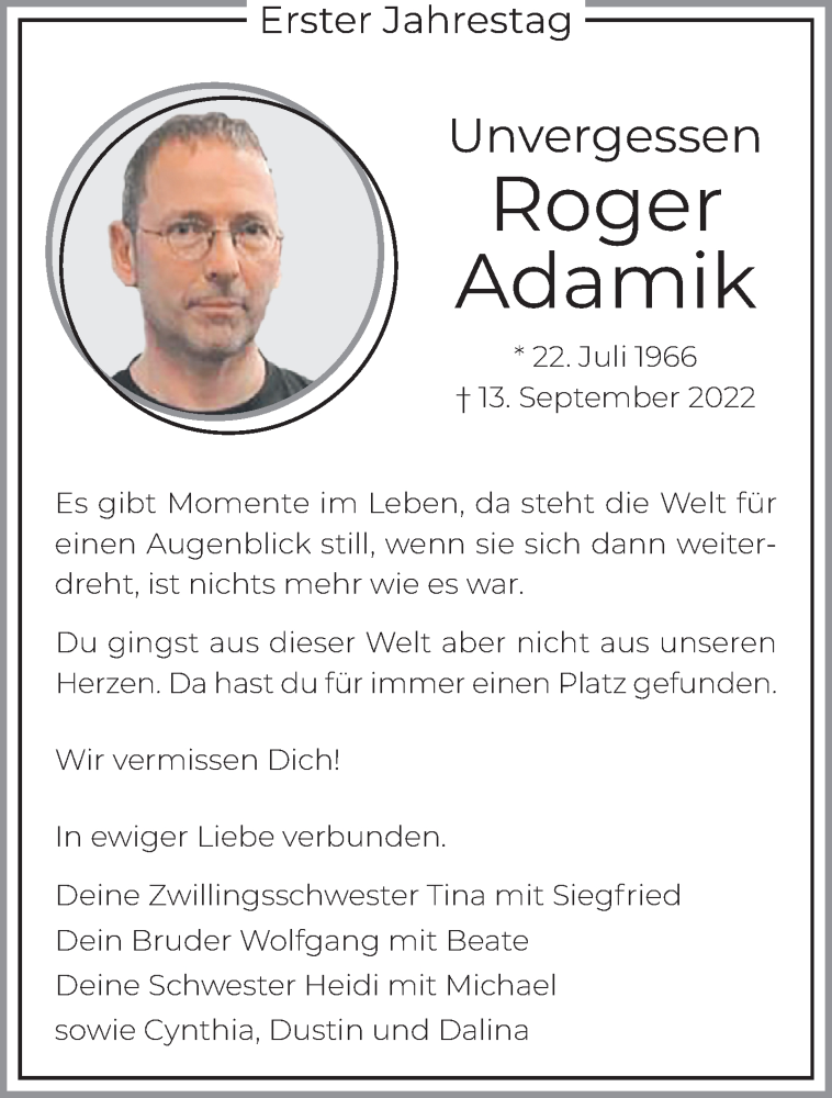  Traueranzeige für Roger Adamik vom 17.09.2023 aus trauer.extra-tipp-moenchengladbach.de