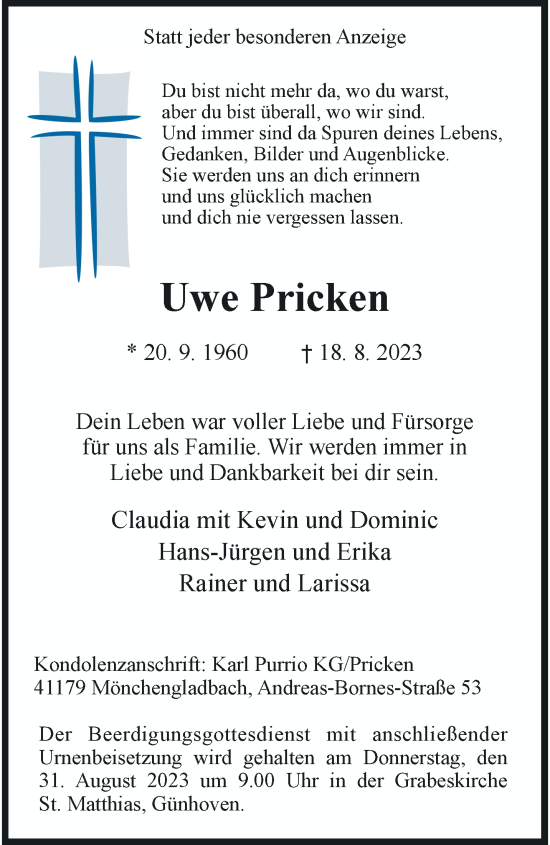 Traueranzeige von Uwe Pricken von trauer.extra-tipp-moenchengladbach.de