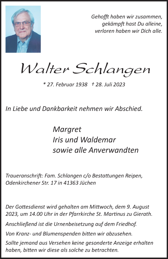 Traueranzeige von Walter Schlangen von trauer.stadt-kurier.de