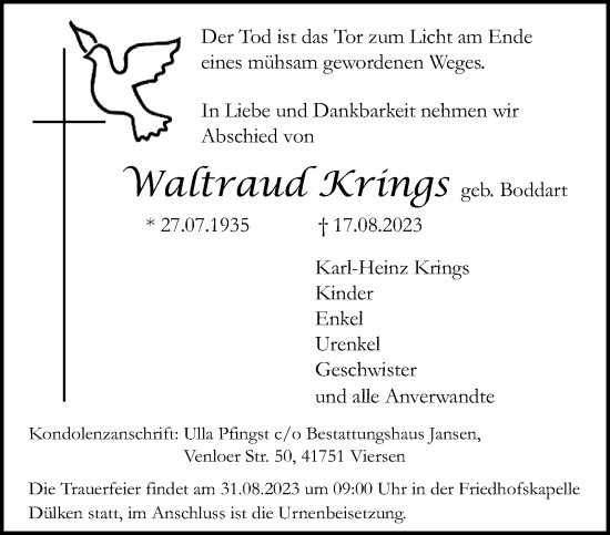 Traueranzeige von Waltraud Krings von trauer.extra-tipp-moenchengladbach.de