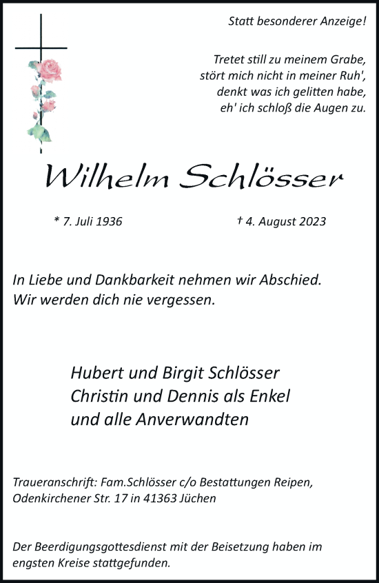 Traueranzeige von Wilhelm Schlösser von trauer.stadt-kurier.de