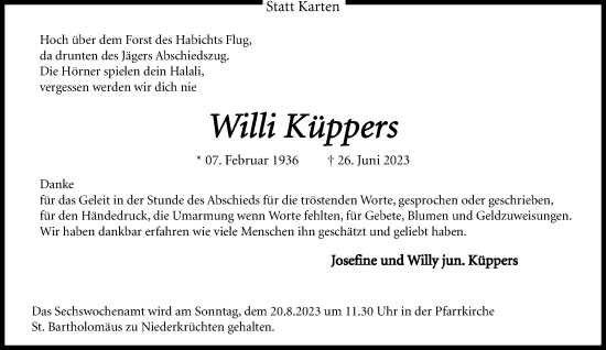 Traueranzeige von Willi Küppers von trauer.extra-tipp-moenchengladbach.de