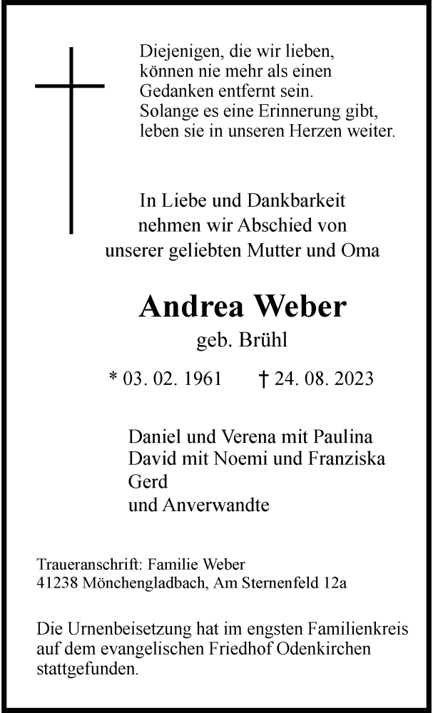  Traueranzeige für Andrea Weber vom 17.09.2023 aus trauer.extra-tipp-moenchengladbach.de