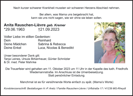 Traueranzeige von Anita Rauschen-Lievre von trauer.extra-tipp-moenchengladbach.de