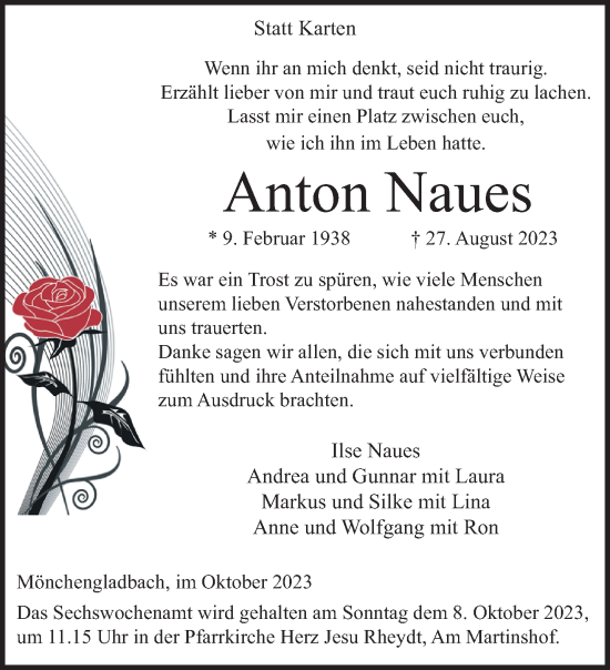 Traueranzeige von Anton Naues von trauer.extra-tipp-moenchengladbach.de