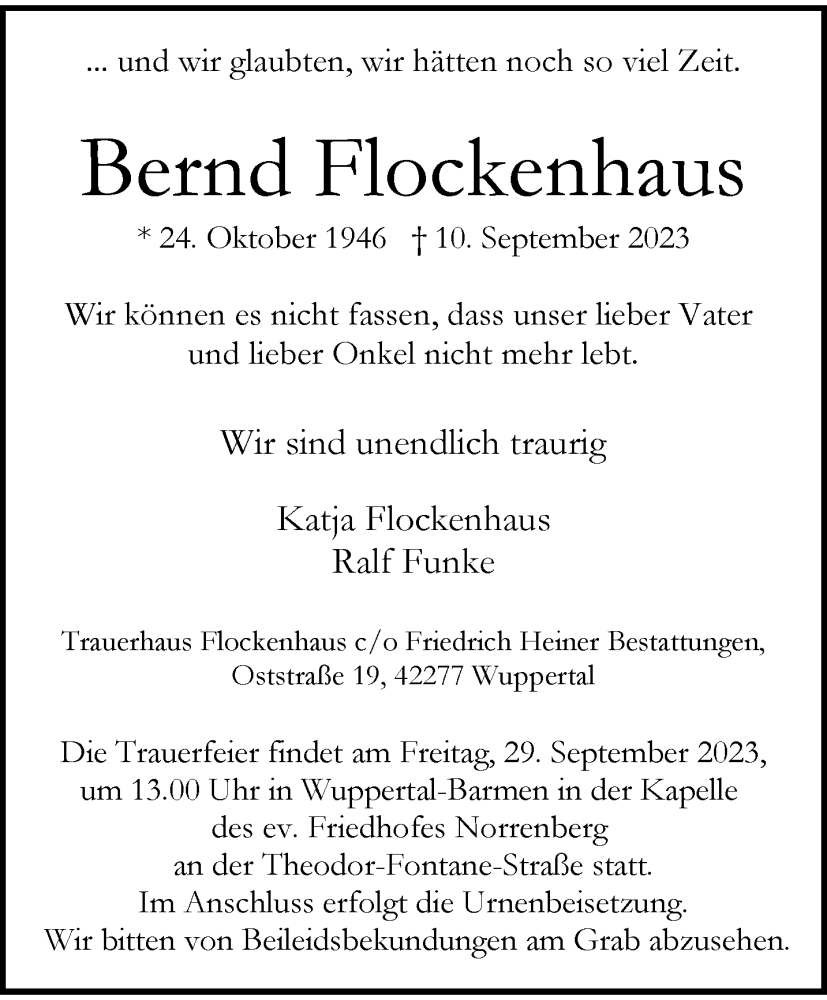  Traueranzeige für Bernd Flockenhaus vom 16.09.2023 aus trauer.wuppertaler-rundschau.de