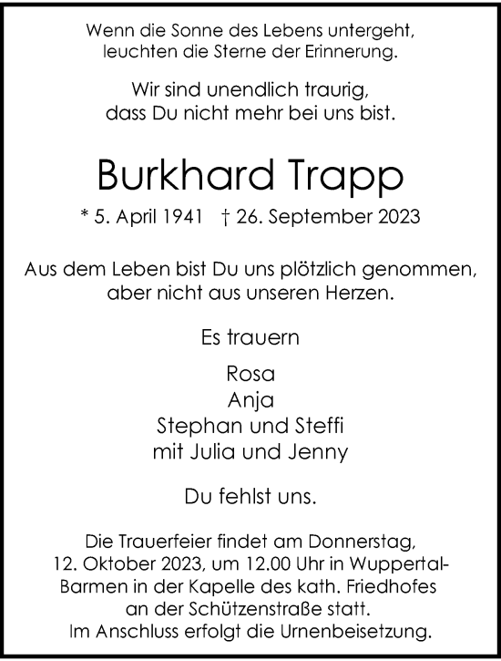 Traueranzeige von Burkhard Trapp von trauer.wuppertaler-rundschau.de