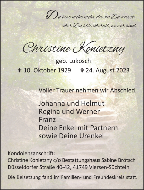 Traueranzeige von Christine Konietzny von trauer.extra-tipp-moenchengladbach.de