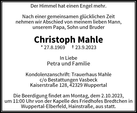 Traueranzeige von Christoph Mahle von trauer.wuppertaler-rundschau.de