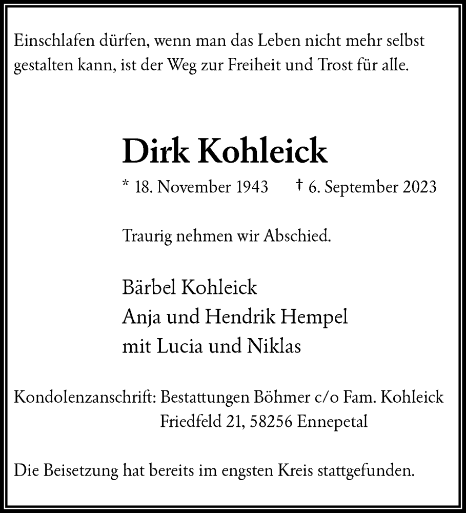  Traueranzeige für Dirk Kohleick vom 16.09.2023 aus trauer.wuppertaler-rundschau.de