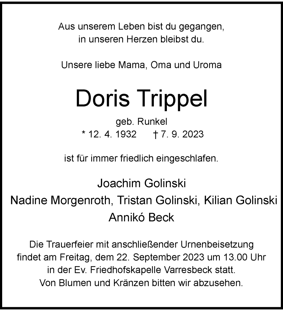  Traueranzeige für Doris Trippel vom 16.09.2023 aus trauer.wuppertaler-rundschau.de