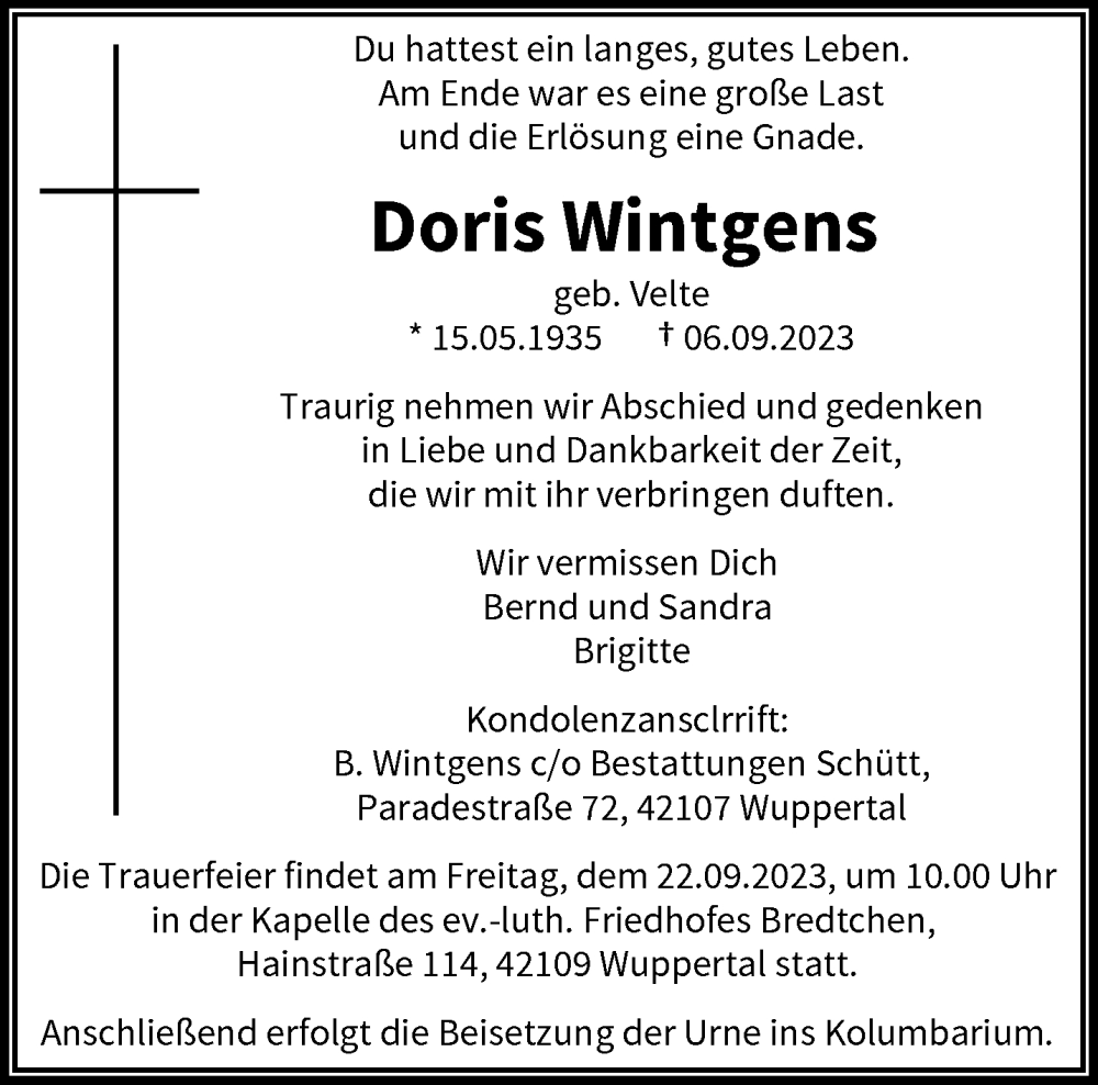  Traueranzeige für Doris Wintgens vom 16.09.2023 aus trauer.wuppertaler-rundschau.de