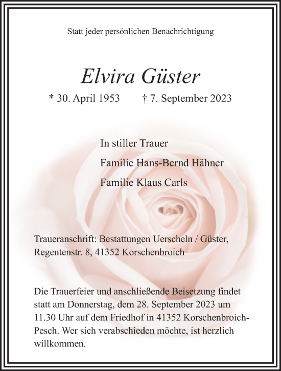 Traueranzeige von Elvira Güster von trauer.extra-tipp-moenchengladbach.de