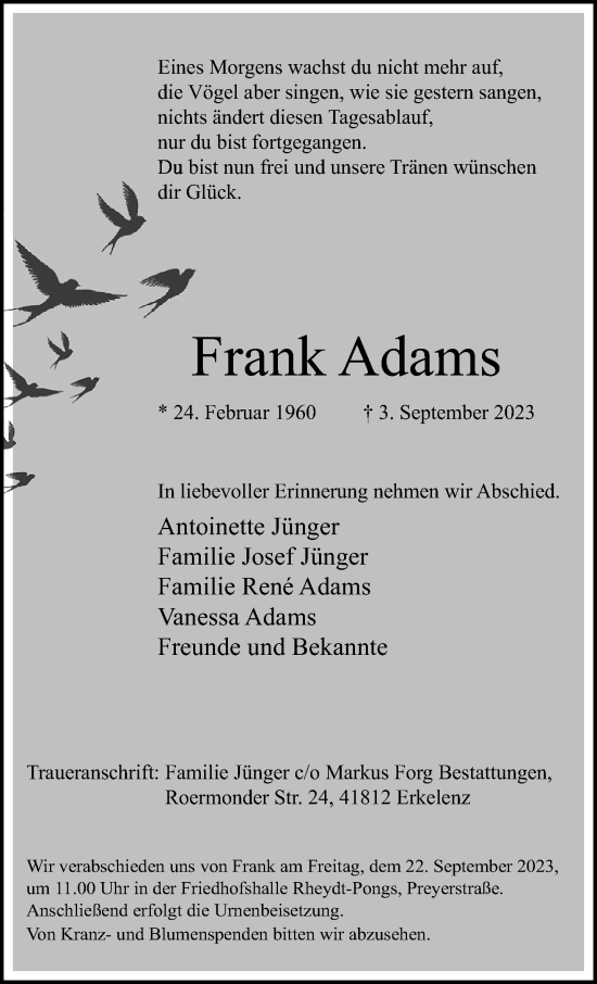 Traueranzeige von Frank Adams von trauer.extra-tipp-moenchengladbach.de