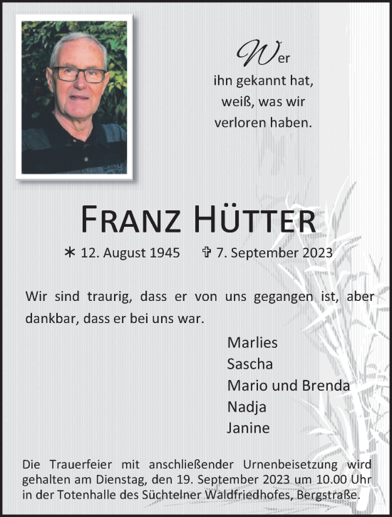 Traueranzeige von Franz Hütter von trauer.extra-tipp-moenchengladbach.de