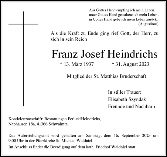 Traueranzeige von Franz Josef Heindrichs von trauer.extra-tipp-moenchengladbach.de