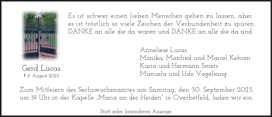 Traueranzeige von Gerd Lucas von trauer.extra-tipp-moenchengladbach.de